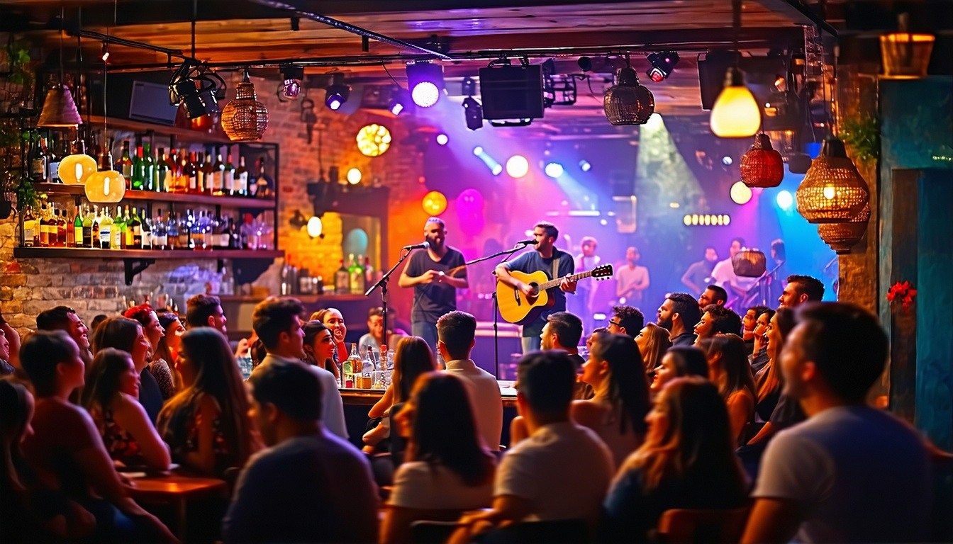 A vibrant live music bar in Bogotá with a lively c